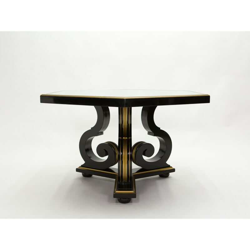 Vintage neoclassical dining table Maurice Hirsch black wood gilded mirror, France 1970s