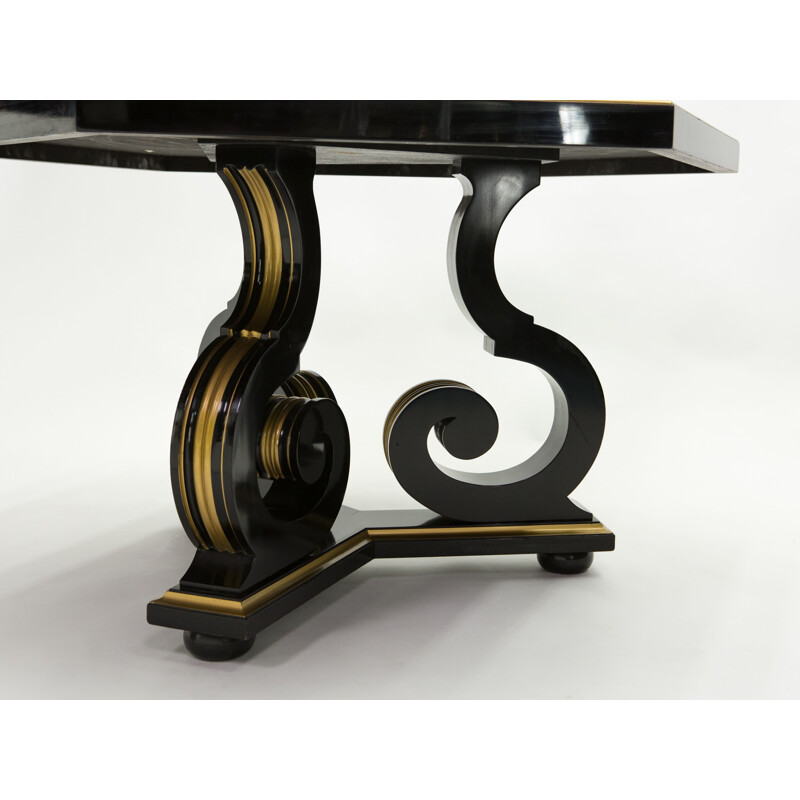 Vintage neoclassical dining table Maurice Hirsch black wood gilded mirror, France 1970s