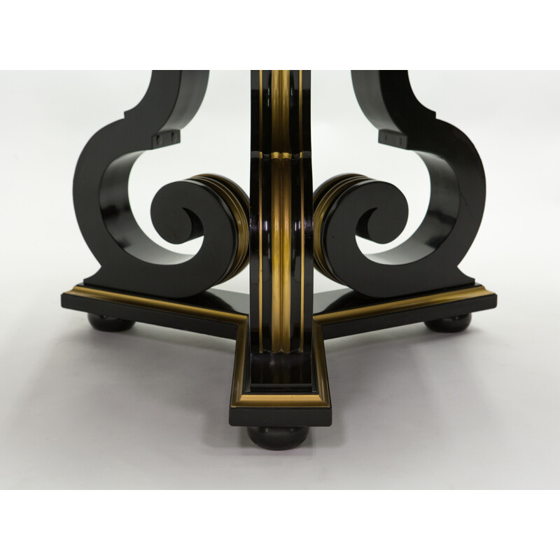 Vintage neoclassical dining table Maurice Hirsch black wood gilded mirror, France 1970s