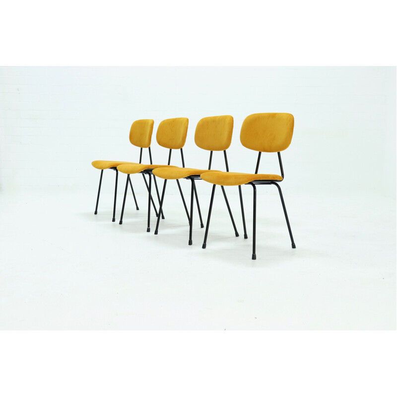 Set of 4 vintage Kembo Dining Chairs in Yellow Ribcord 1950s