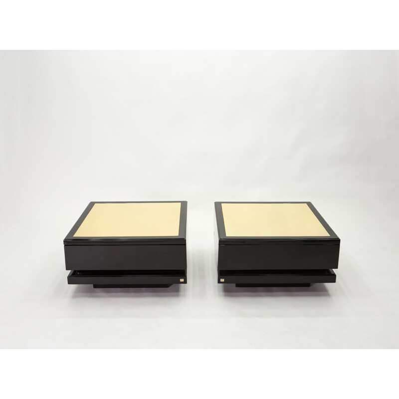 Pair of vintage black lacquered brass side tables J.C. Mahey 1970s