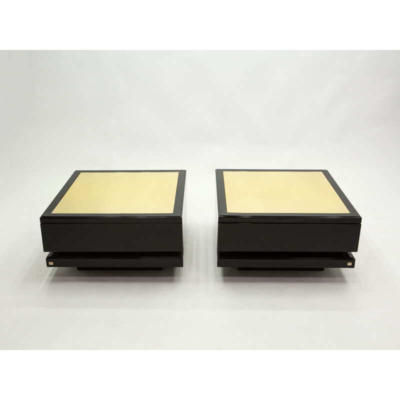 Pair of vintage black lacquered brass side tables J.C. Mahey 1970s