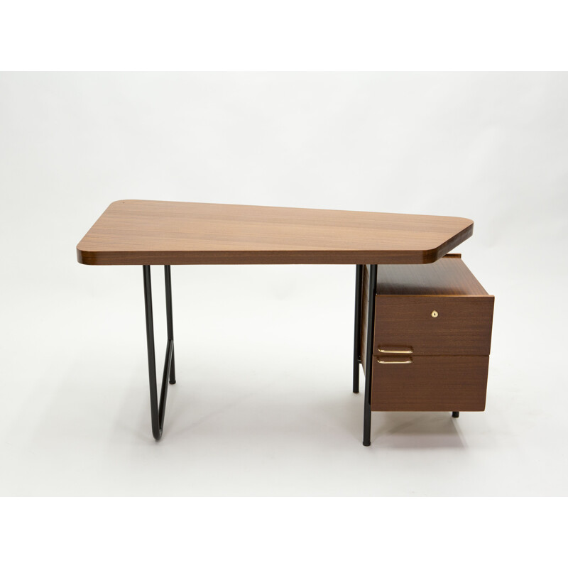 Vintage mahogany black metal brass desk by Georges Frydman for EFA, 1950