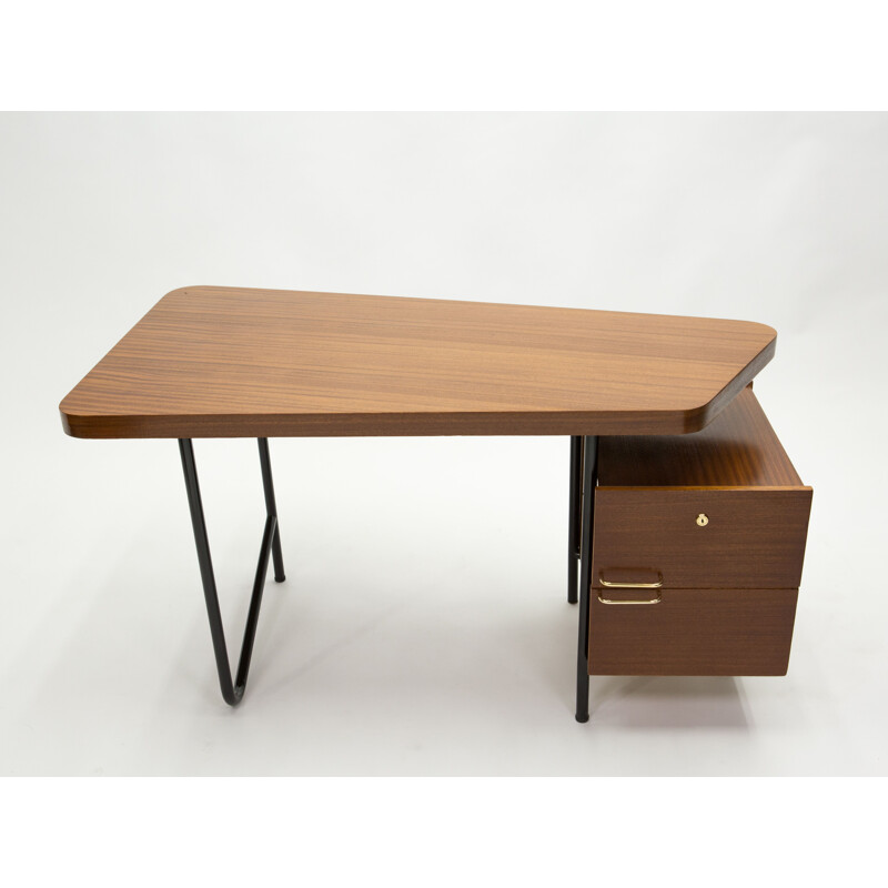 Vintage mahogany black metal brass desk by Georges Frydman for EFA, 1950