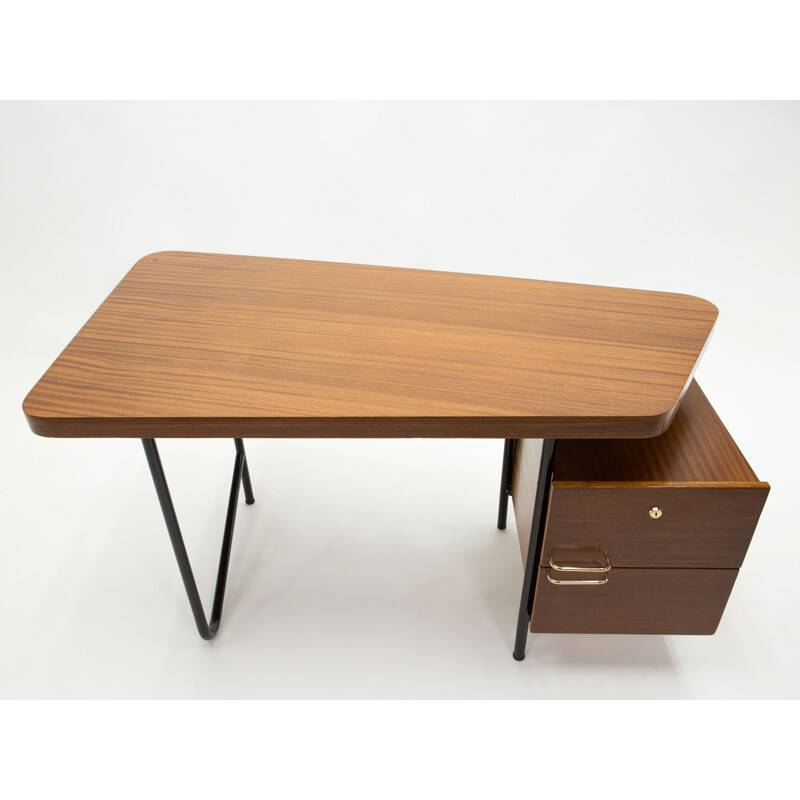 Vintage mahogany black metal brass desk by Georges Frydman for EFA, 1950