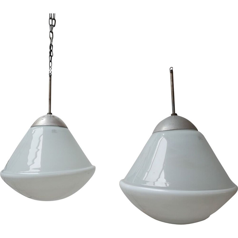 Pair of Large vintage Opaline Bauhaus Pendant Lights by Kandem, Germany 1930s