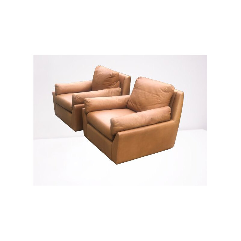 Pair of vintage leather armchairs Edelhard Harlispour Mobilier International, California 1965s