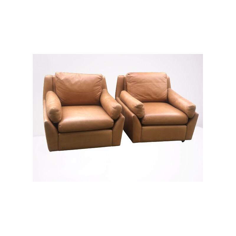 Pair of vintage leather armchairs Edelhard Harlispour Mobilier International, California 1965s