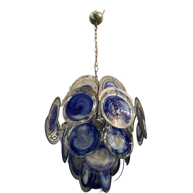 Vintage blue disc chandelier Space Age in Murano glass
