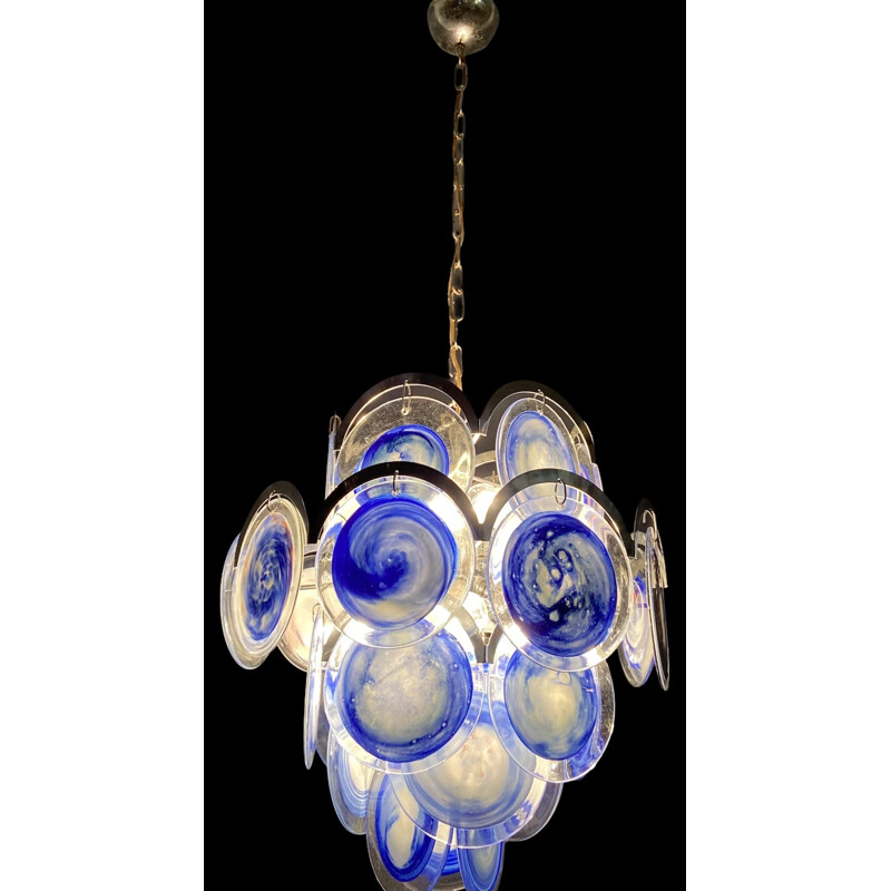 Vintage blue disc chandelier Space Age in Murano glass