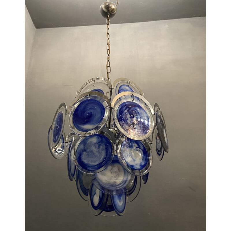 Vintage blue disc chandelier Space Age in Murano glass