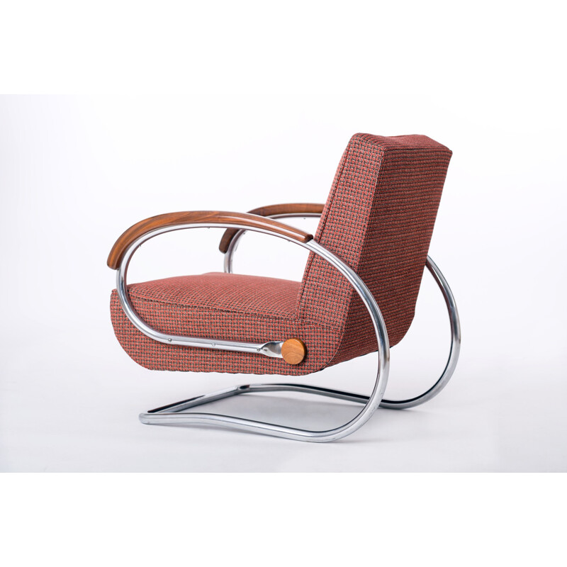 UP Zavody "H-221" armchair in red fabric and chromed steel, Jindrich HALABALA - 1930s