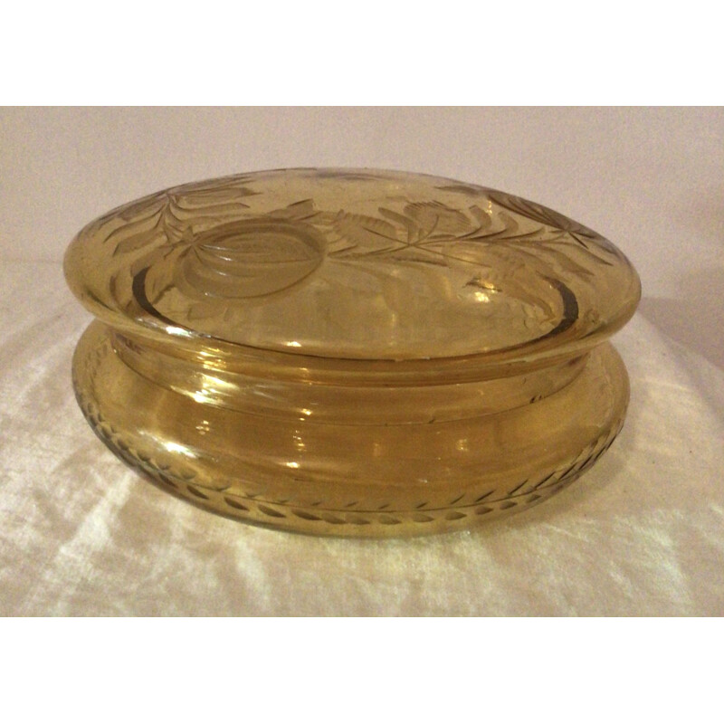 Vintage candy box in chiselled glass round box 1960s