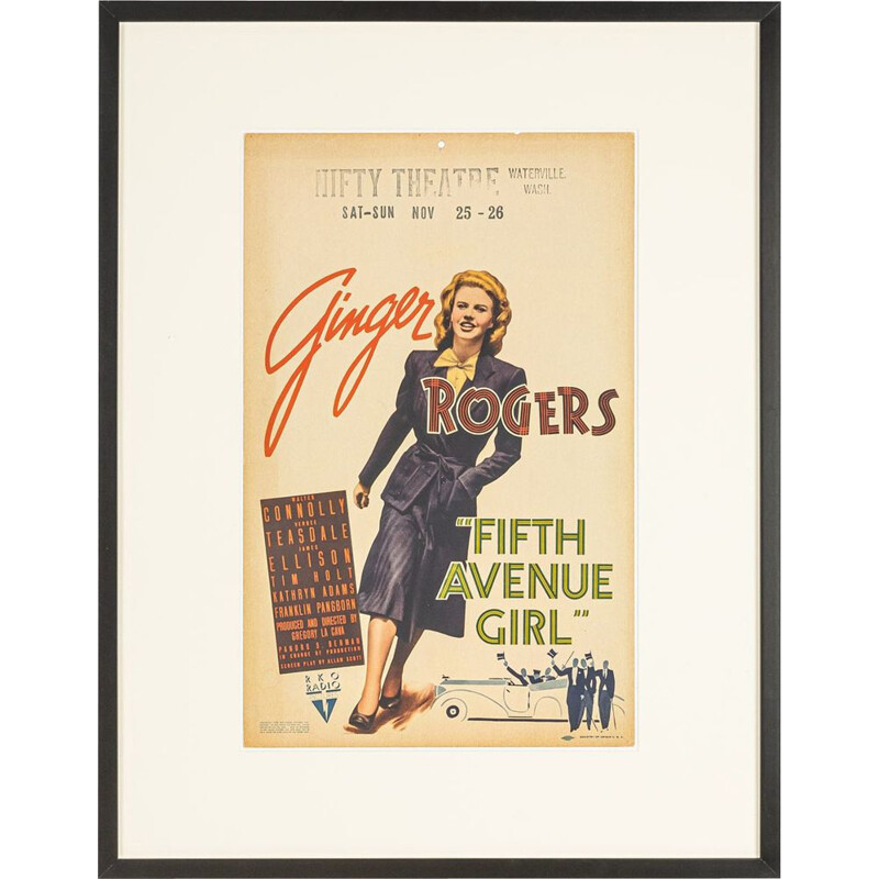 Affiche vintage de Fifth Avenue Girl avec Ginger Rogers du cinéma de Waterville, Washington 1939