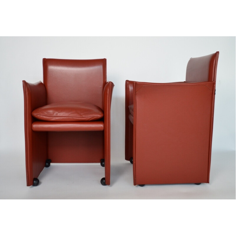 Pair of Cassina armchairs in red leather, Mario BELLINI - 1980s