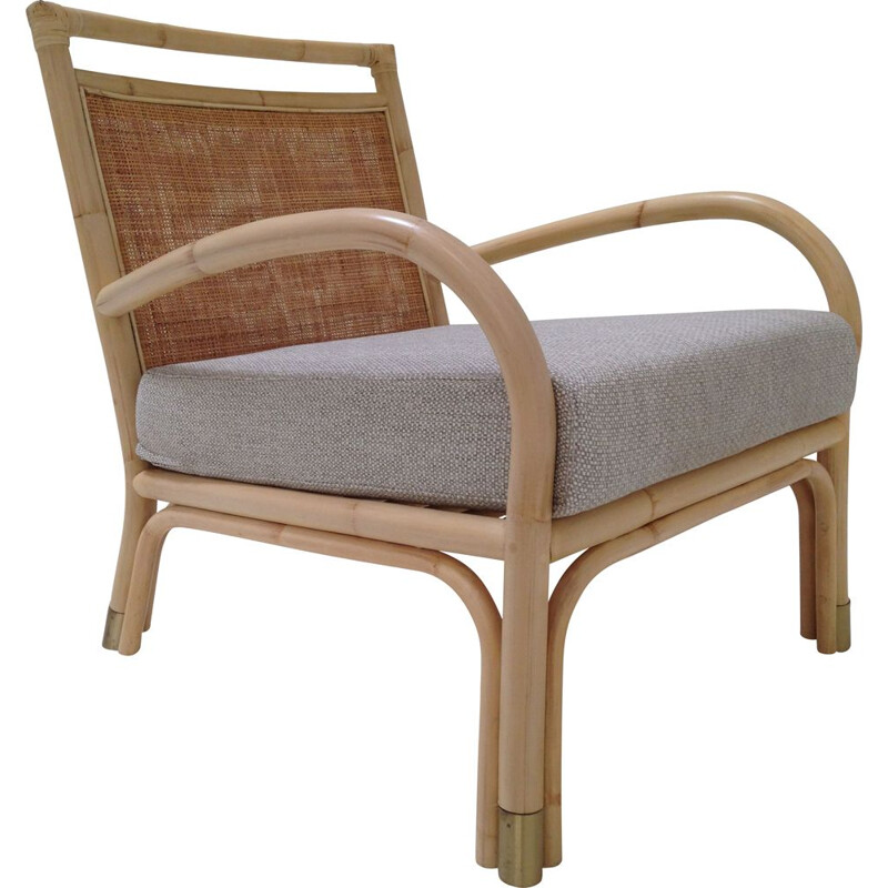 Vintage armchair in rattan, wicker and brass
