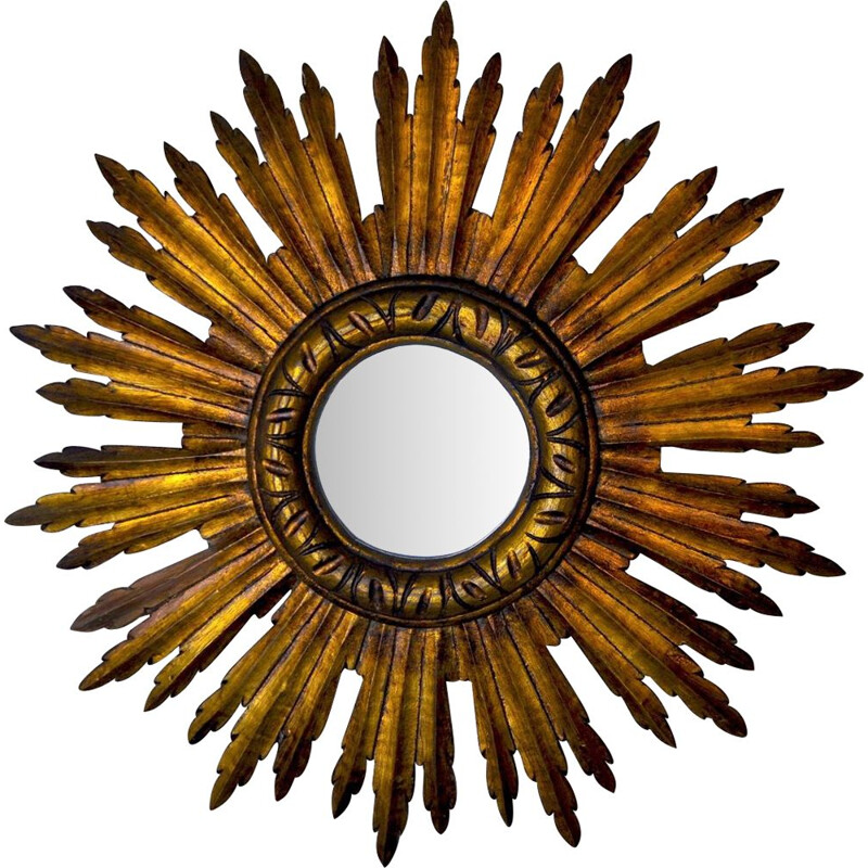 Miroir vintage soleil en bois doré