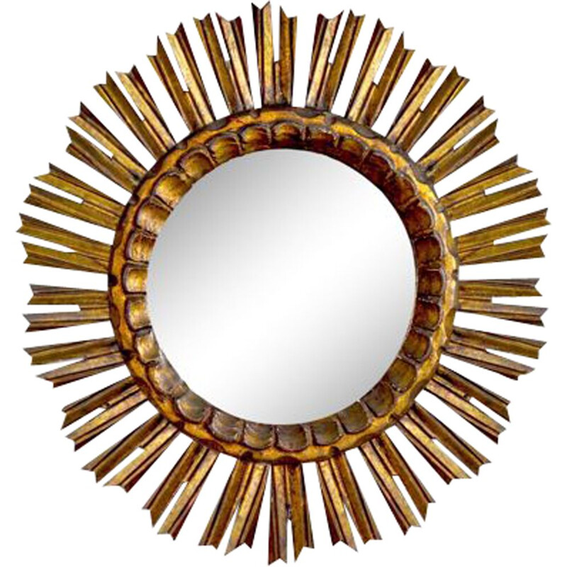 Vintage sunburst mirror in golden wood 1950