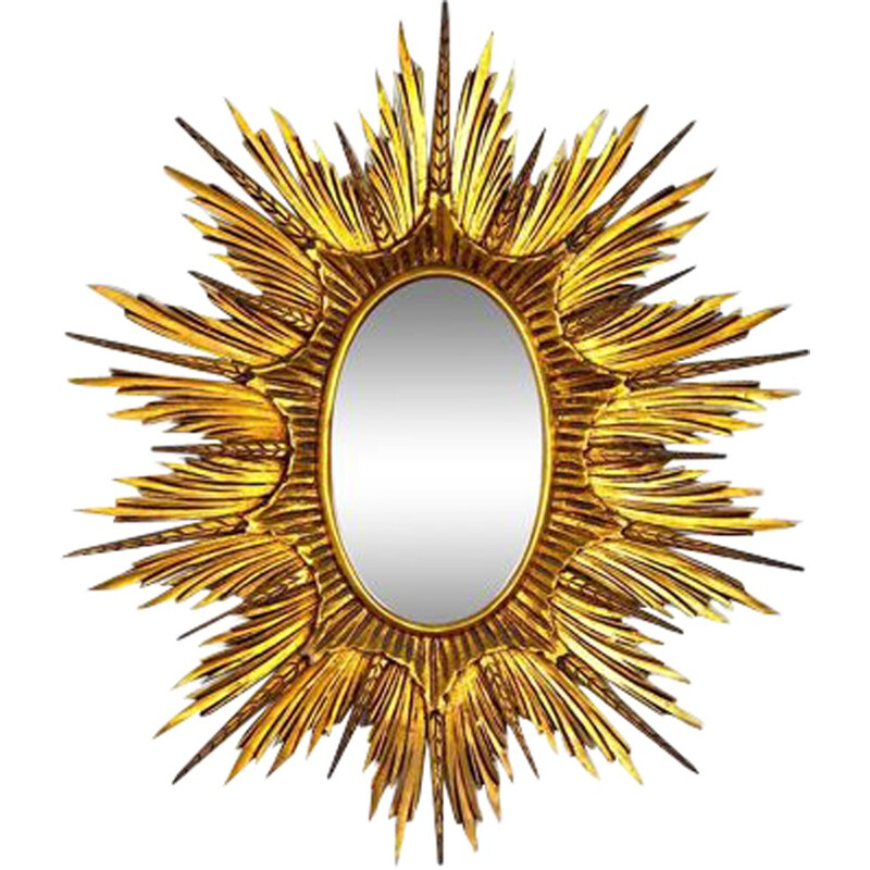 Espelho Vintage com explosões de sol em madeira dourada