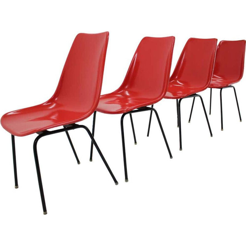 Set of 4 Midcentury Red Fiberglass Dining Chairs, Czechoslovakia 1960s