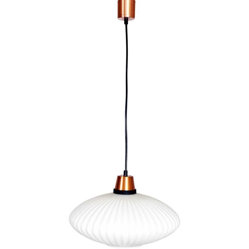 Vintage copper and opaline glass hanging lamp, Scandinavian 1970s