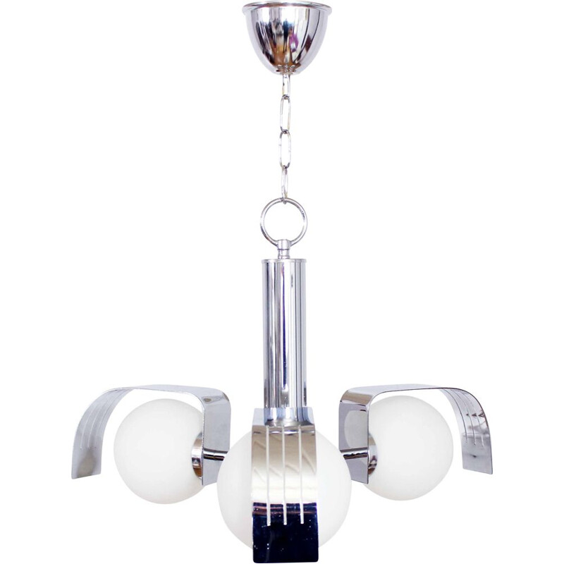 Vintage sputnik chandelier with 3 chromed metal opalines 1970s