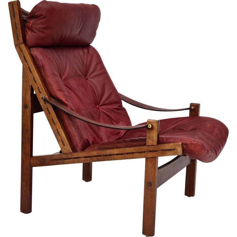 Vintage High teak back relax armchair original cherry-brown leather 1970s