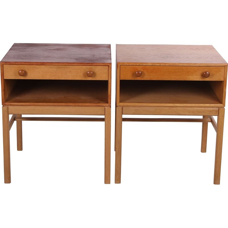Vintage bedside table set with drawer and wooden handles Swedish