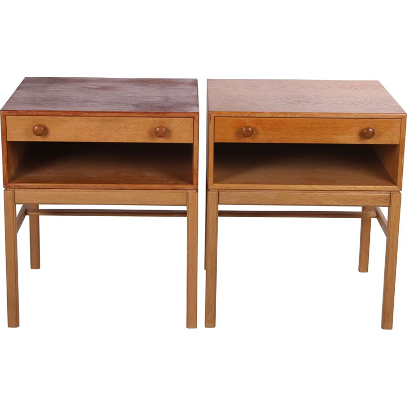 Vintage bedside table set with drawer and wooden handles Swedish
