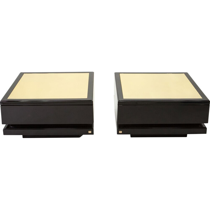 Pair of vintage black lacquered brass side tables J.C. Mahey 1970s