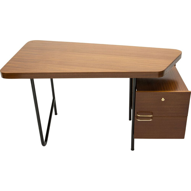 Vintage mahogany black metal brass desk by Georges Frydman for EFA, 1950