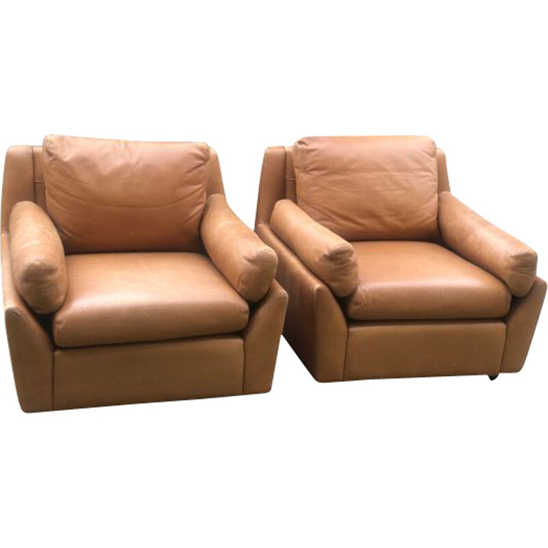 Pair of vintage leather armchairs Edelhard Harlispour Mobilier International, California 1965s