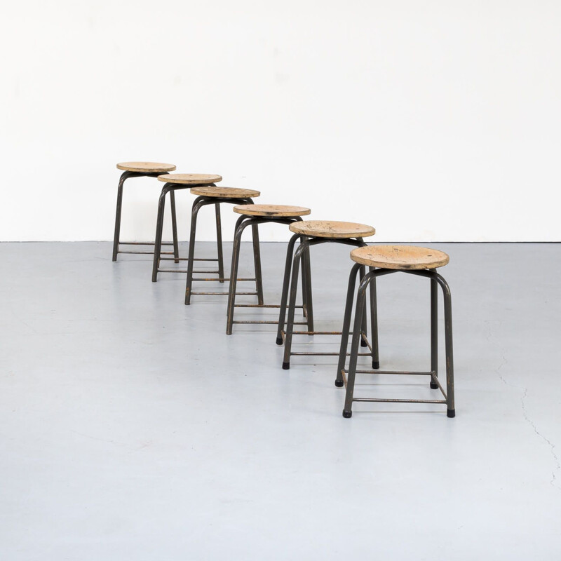 Set of 6 vintage metal and wood stools 1950s