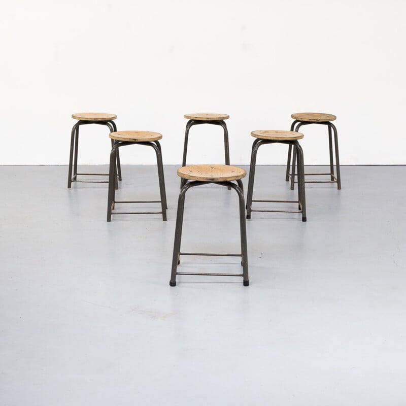 Set of 6 vintage metal and wood stools 1950s