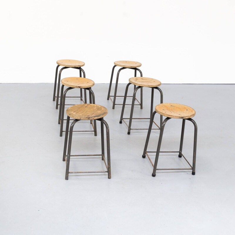 Set of 6 vintage metal and wood stools 1950s
