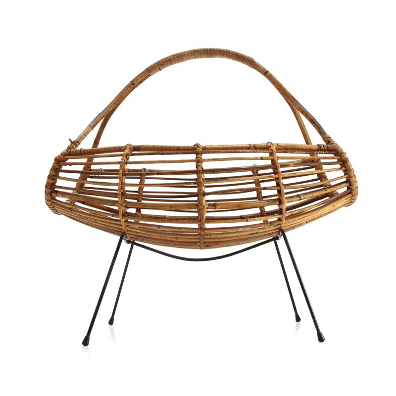 Vintage magazine rack in rattan, Italy 1950