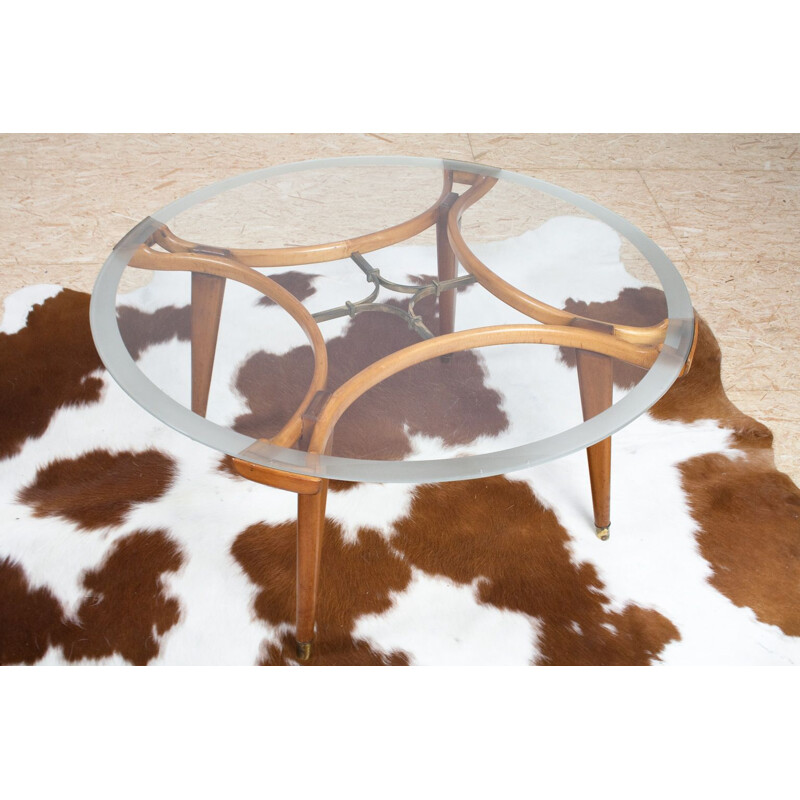 Vintage Round Coffee table in Oak Brass and Glass by Fristho, Netherlands 1955
