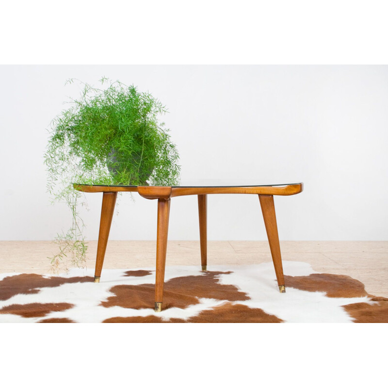 Vintage Round Coffee table in Oak Brass and Glass by Fristho, Netherlands 1955