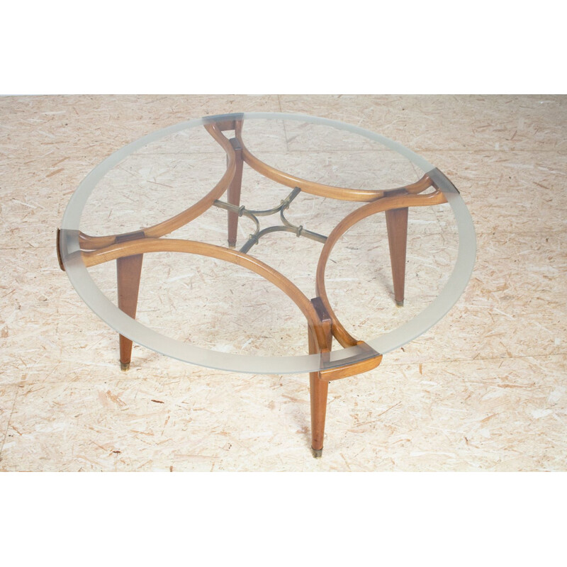 Vintage Round Coffee table in Oak Brass and Glass by Fristho, Netherlands 1955