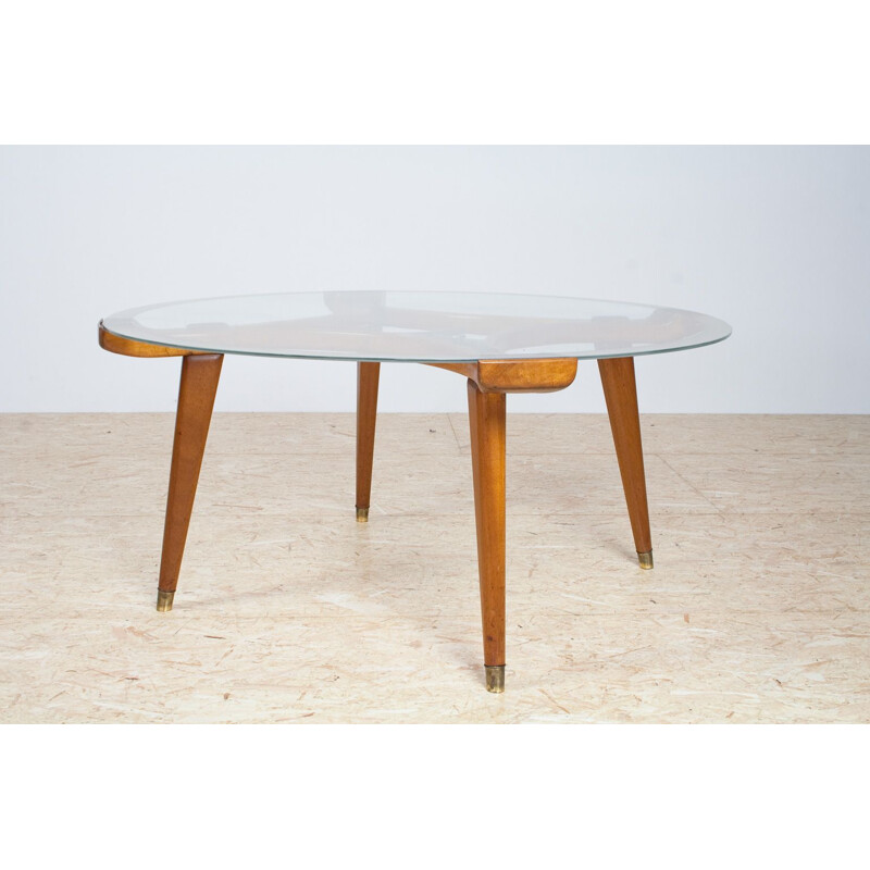 Table basse vintage ronde en chêne, laiton et verre par Fristho, Pays-Bas 1955