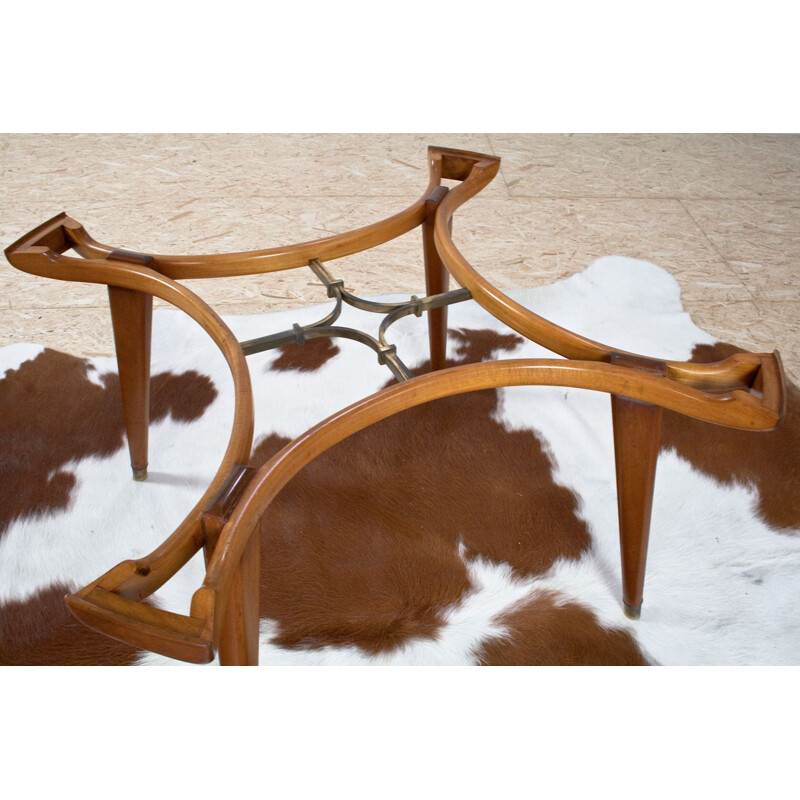 Table basse vintage ronde en chêne, laiton et verre par Fristho, Pays-Bas 1955