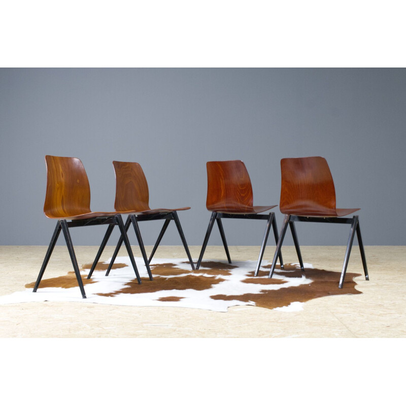 Set of 4 vintage S22 Galvanitas dining chairs stackable plywood and metal for Galvanitas 1967s