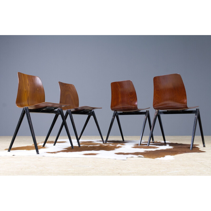 Set of 4 vintage S22 Galvanitas dining chairs stackable plywood and metal for Galvanitas 1967s