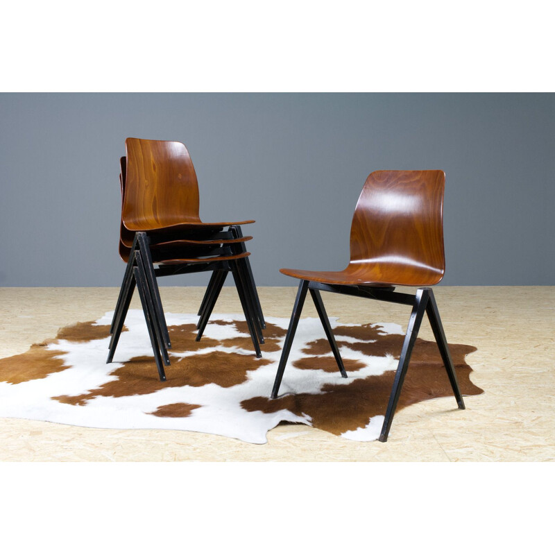 Set of 4 vintage S22 Galvanitas dining chairs stackable plywood and metal for Galvanitas 1967s