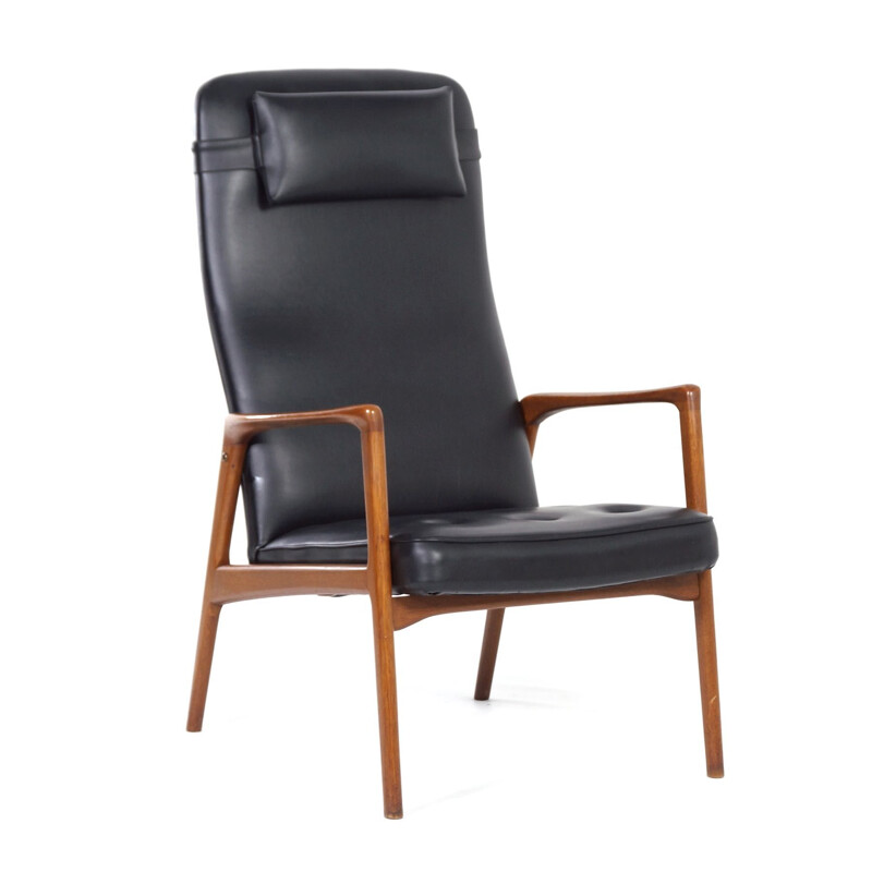 Vintage Armchair in Teak and Black Artificial Leather, Danish 1970s