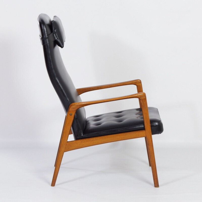 Vintage teak en zwart kunstlederen fauteuil, Deens 1970
