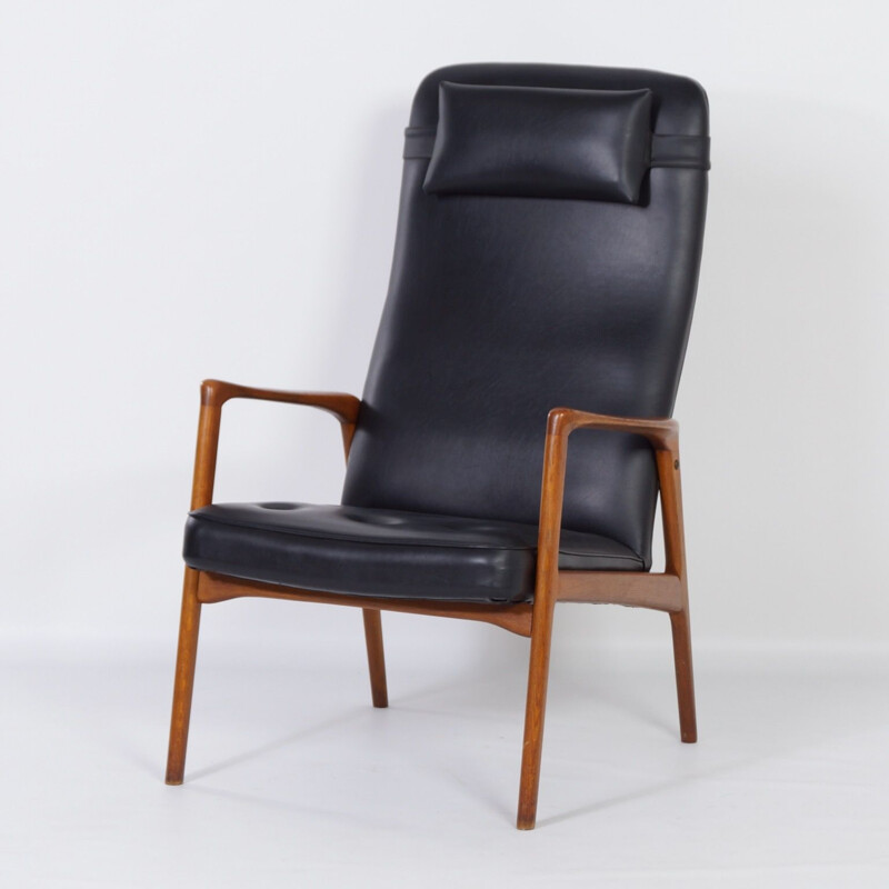 Fauteuil vintage en teck et cuir artificiel noir, Danois 1970