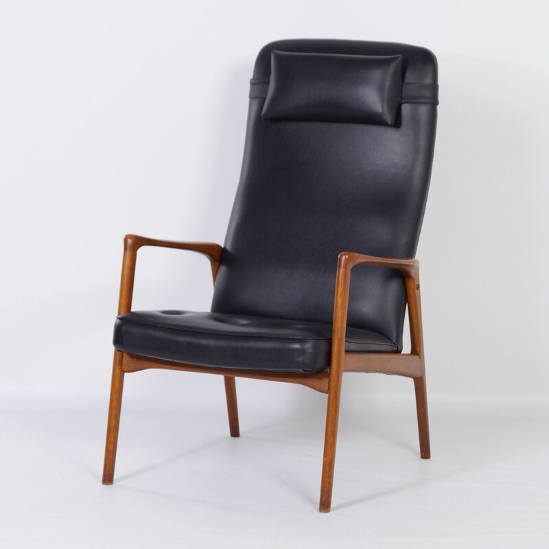 Vintage Armchair in Teak and Black Artificial Leather, Danish 1970s