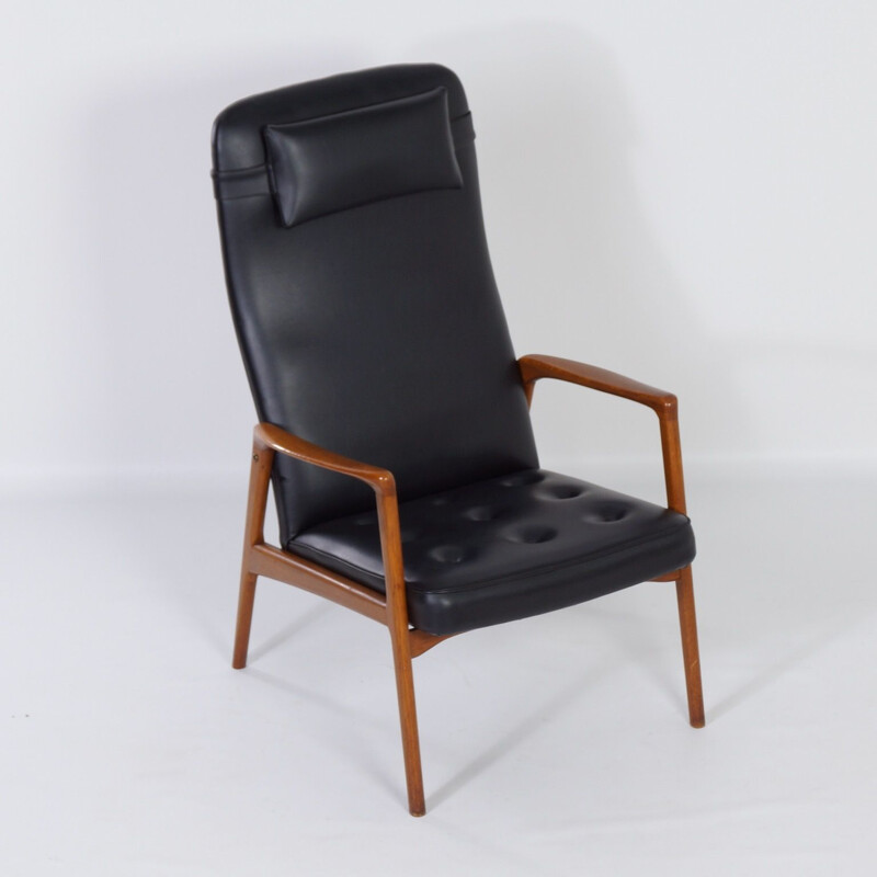 Vintage teak en zwart kunstlederen fauteuil, Deens 1970