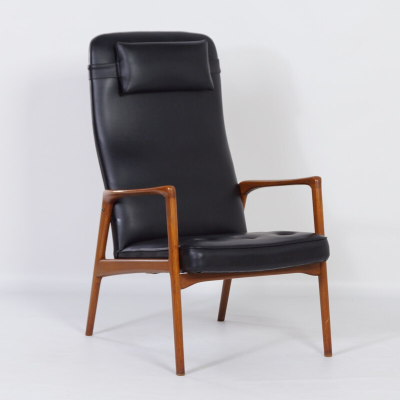 Vintage Sessel aus Teakholz und schwarzem Kunstleder, Dänisch 1970